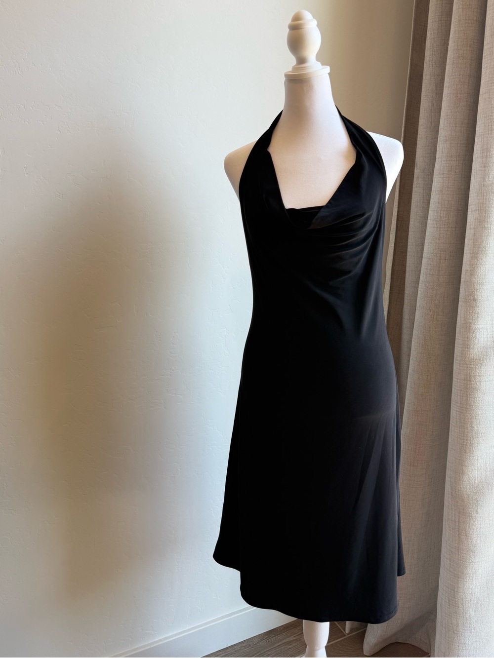 Black Halter Midi Dress with Draped Neckline
